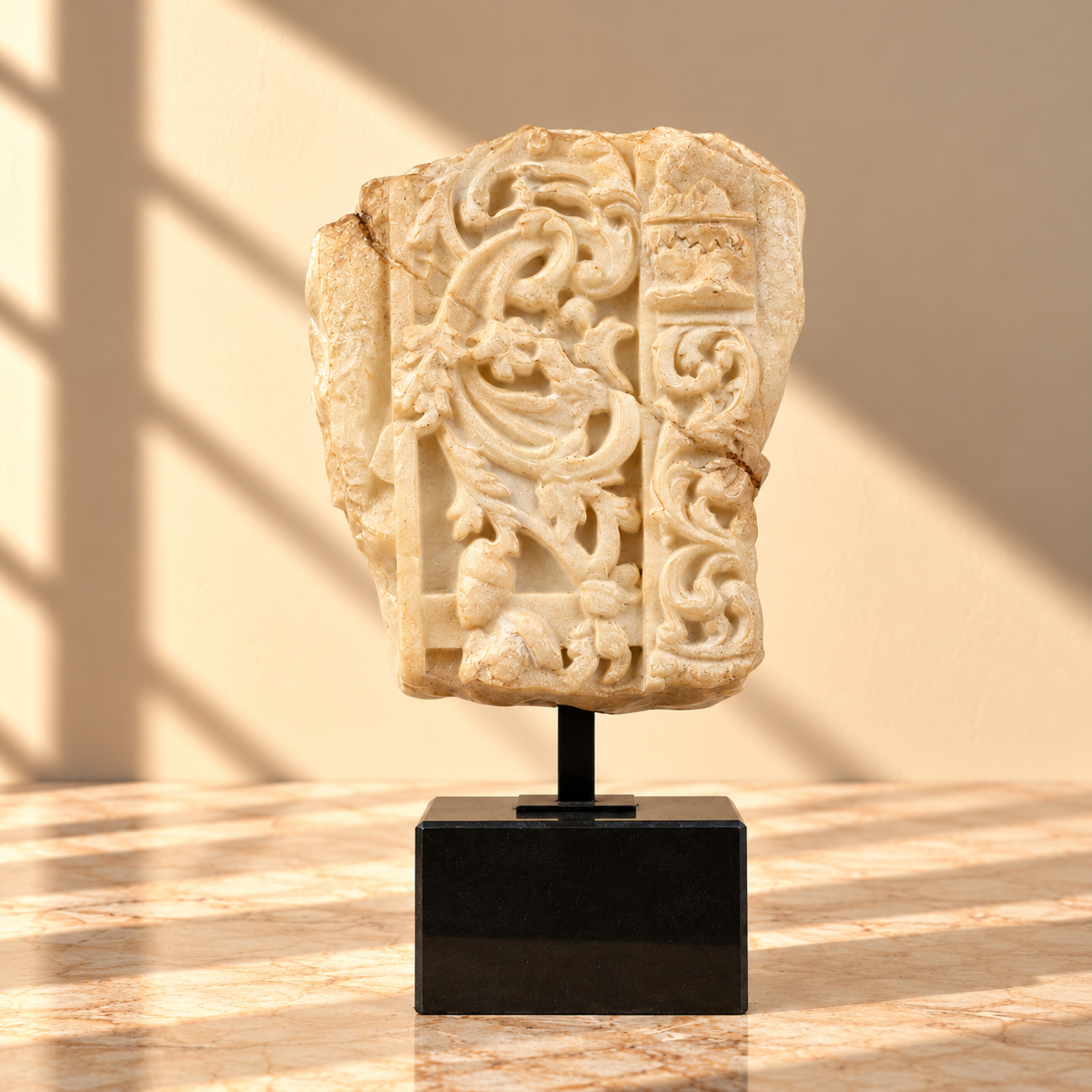 Carved Stone Resin Relief Fragment on White Base