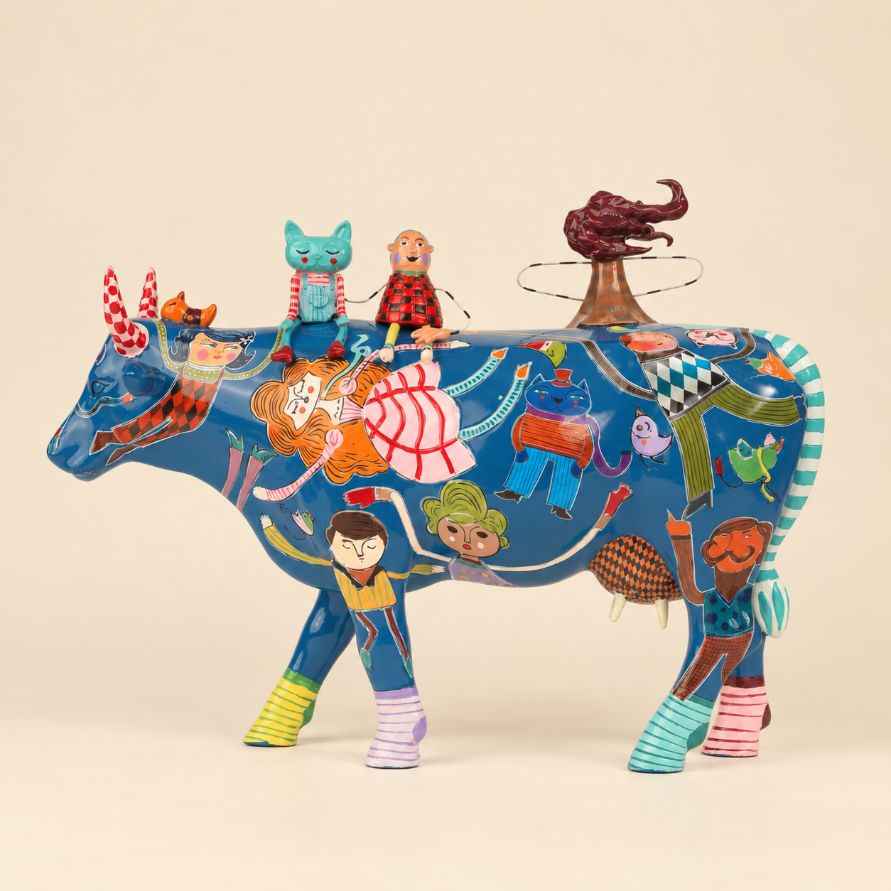 Hand-Painted Blue Cow Statue with Riders