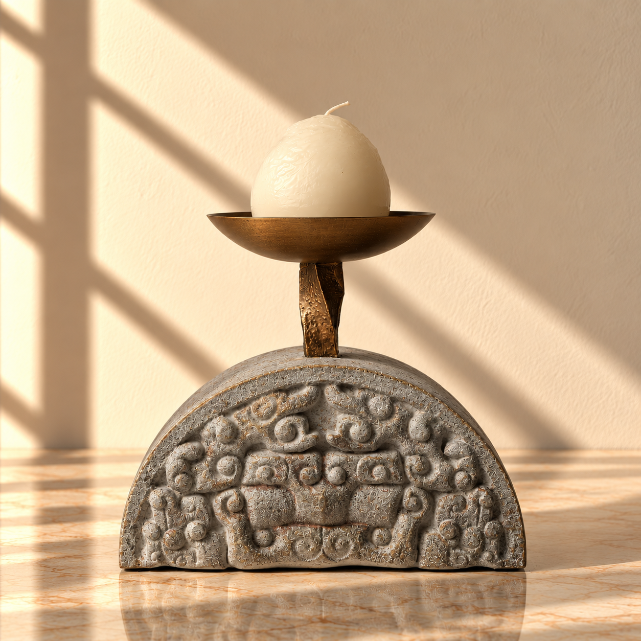 Dome Stone Resin Candle Holder with Gold-Tone Dish