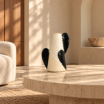 Cream Ceramic Vase with Black Leaf Motif