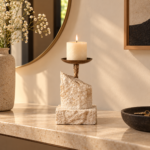 Carved Stone Resin Block Candle Holder with Black Cup