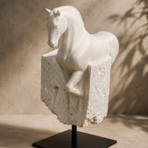 White Abstract Horse Sculpture on Black Stand
