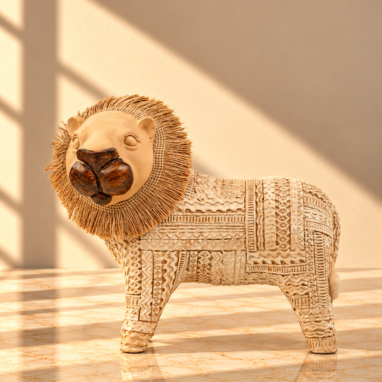 Carved Wooden Lion Figurine with Mosaic Body