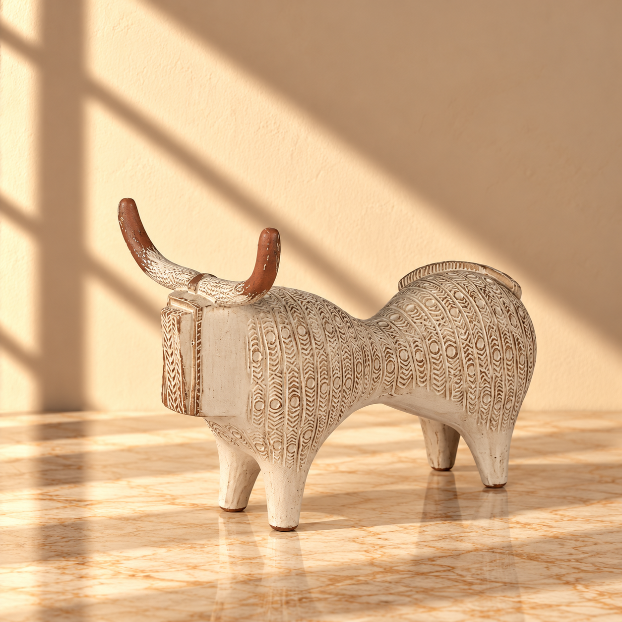 Cream Ceramic Bull Figurine with Red Horns