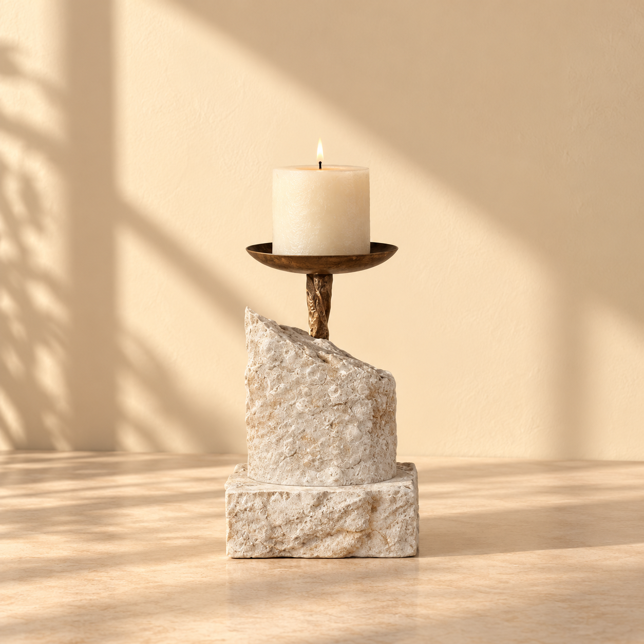 Carved Stone Resin Block Candle Holder with Black Cup