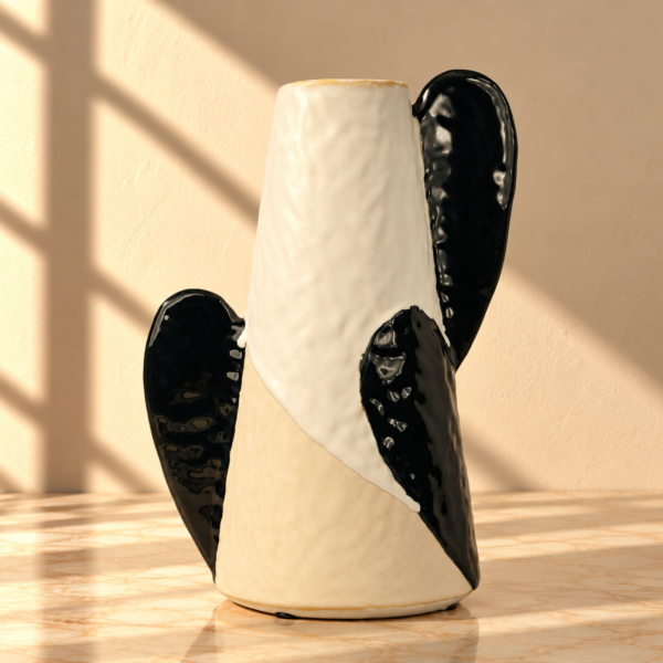 Cream Ceramic Vase with Black Leaf Motif