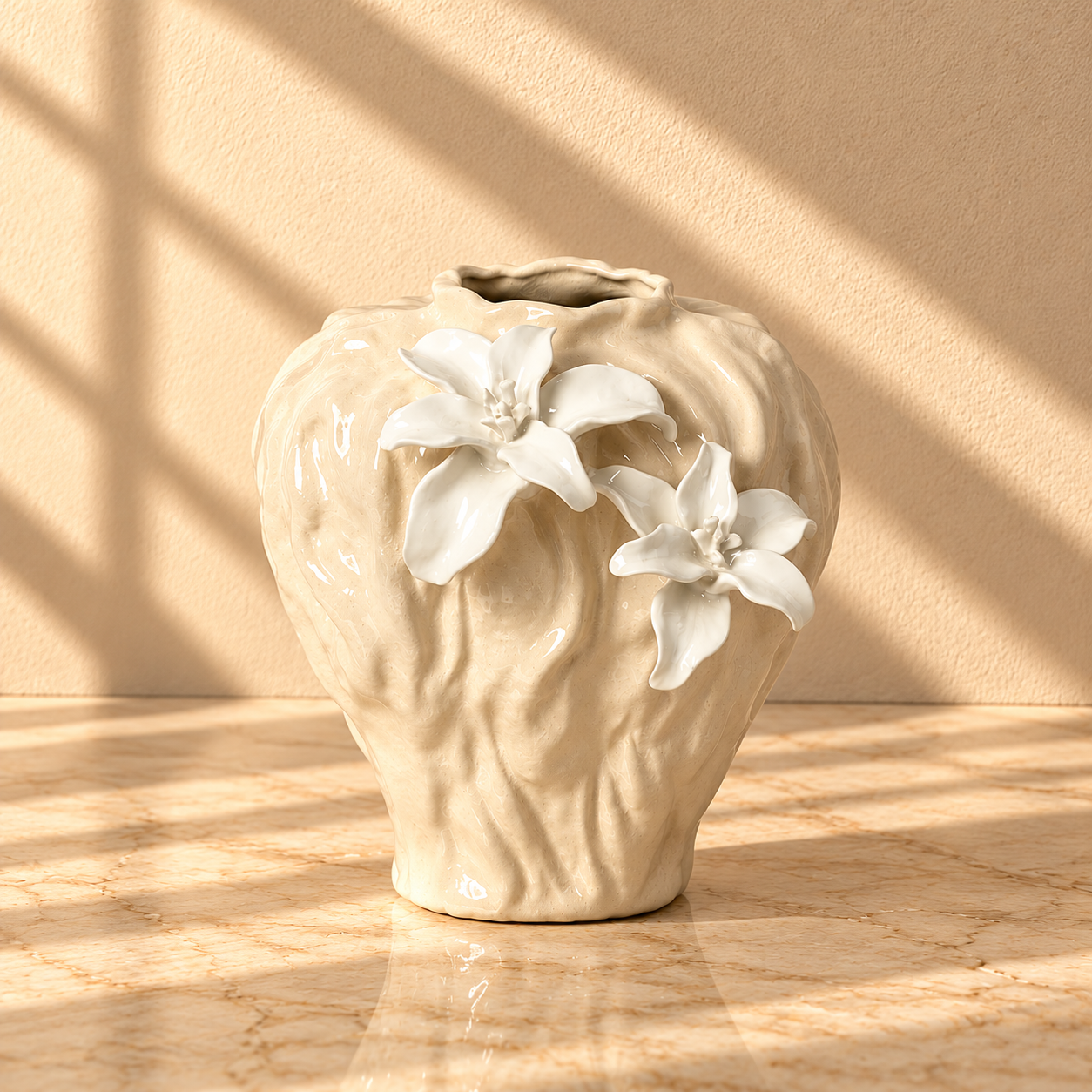 Compact Cream Glass Vase with Raised Lilies