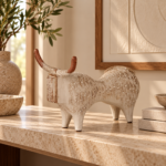 Cream Ceramic Bull Figurine with Red Horns