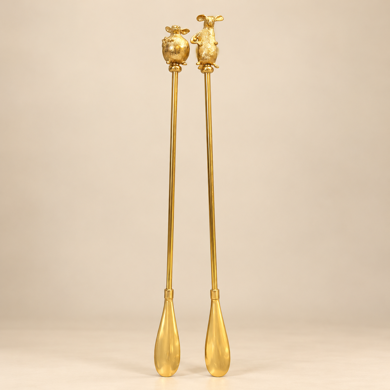 Gold-Tone Copper Long-Handled Shoe Horn Set of 2 with Animal Heads