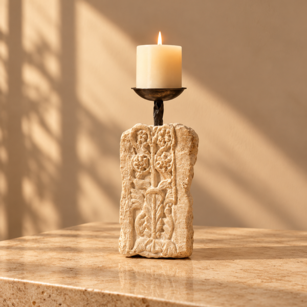 Carved Stone Resin Pillar Candle Holder with Black Cup