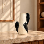 Cream Ceramic Vase with Black Leaf Motif