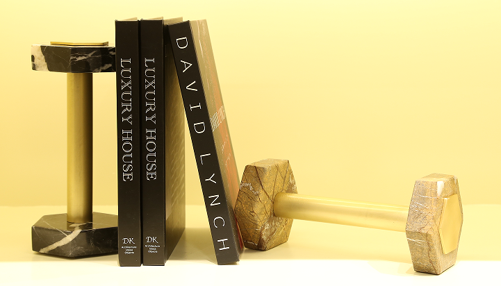 Gold Metal and Marble Geometric Bookends