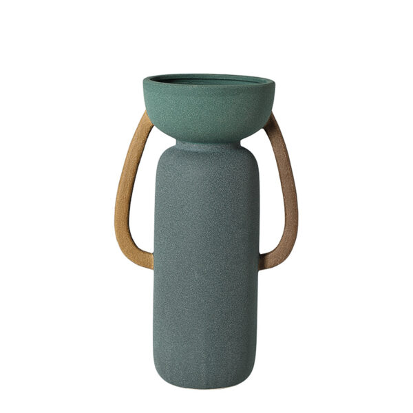 Two-Tone Ceramic Vase with Wooden Handles