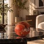 Red Agate Sphere Sculpture with Gold-Tone Bar