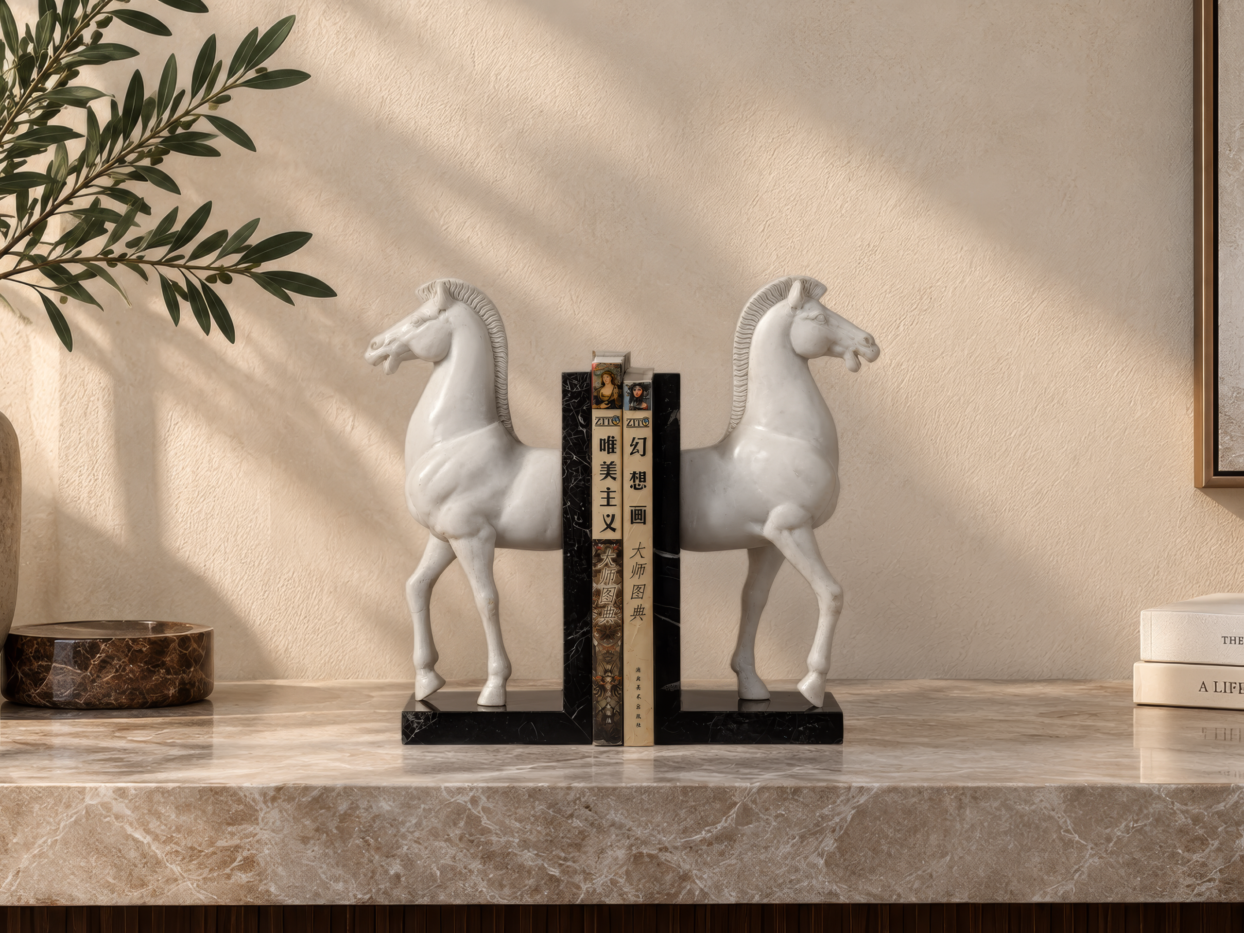 White Horse Bookends Pair on Black Base