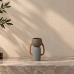 Two-Tone Ceramic Vase with Wooden Handles