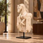 White Abstract Horse Sculpture on Black Stand