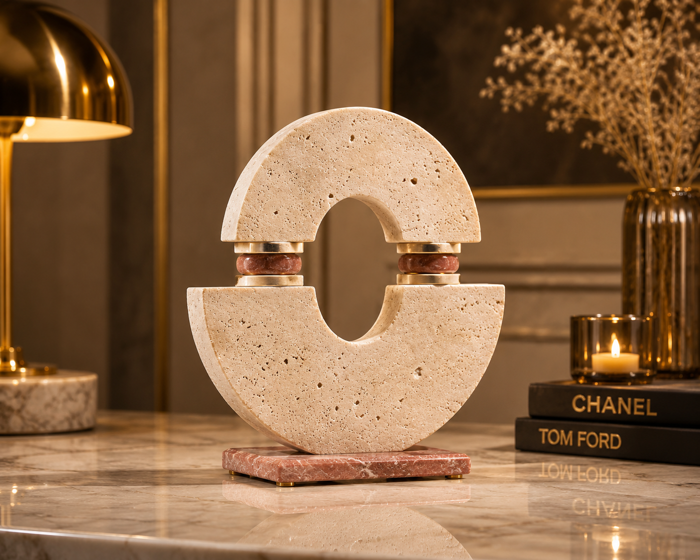Travertine Ring Sculpture with Rose Accent