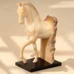 White Rearing Horse Statue with Weathered Slab