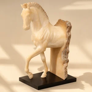 White Rearing Horse Statue with Weathered Slab
