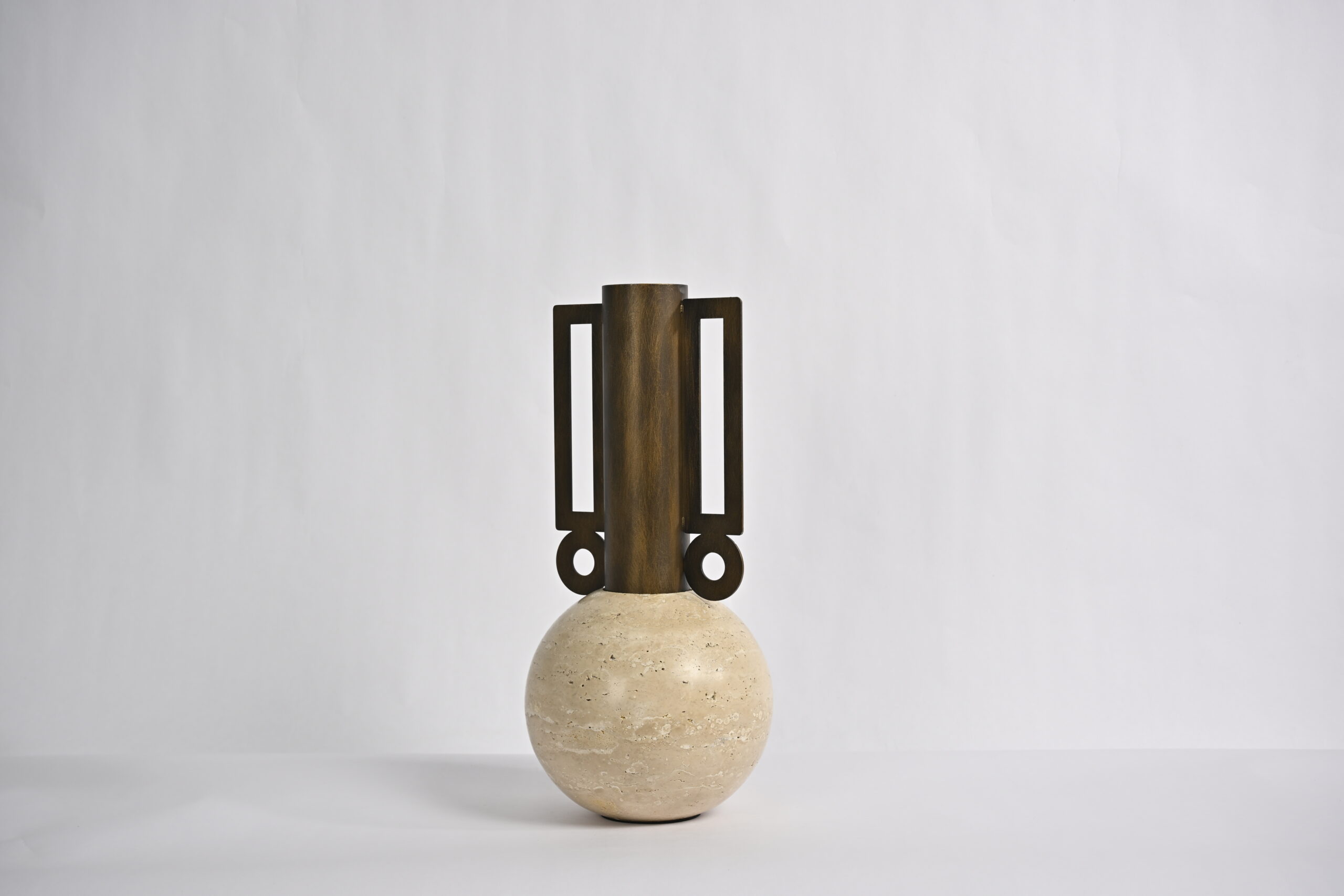 Travertine Sphere Sculpture with Metal Frame