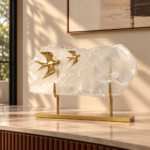Black and White Crystal Stone Specimen on Gold-Tone Stand