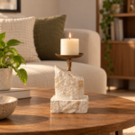Carved Stone Resin Block Candle Holder with Black Cup