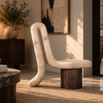 Sculptural Stone Resin Accent Chair with Wooden Base