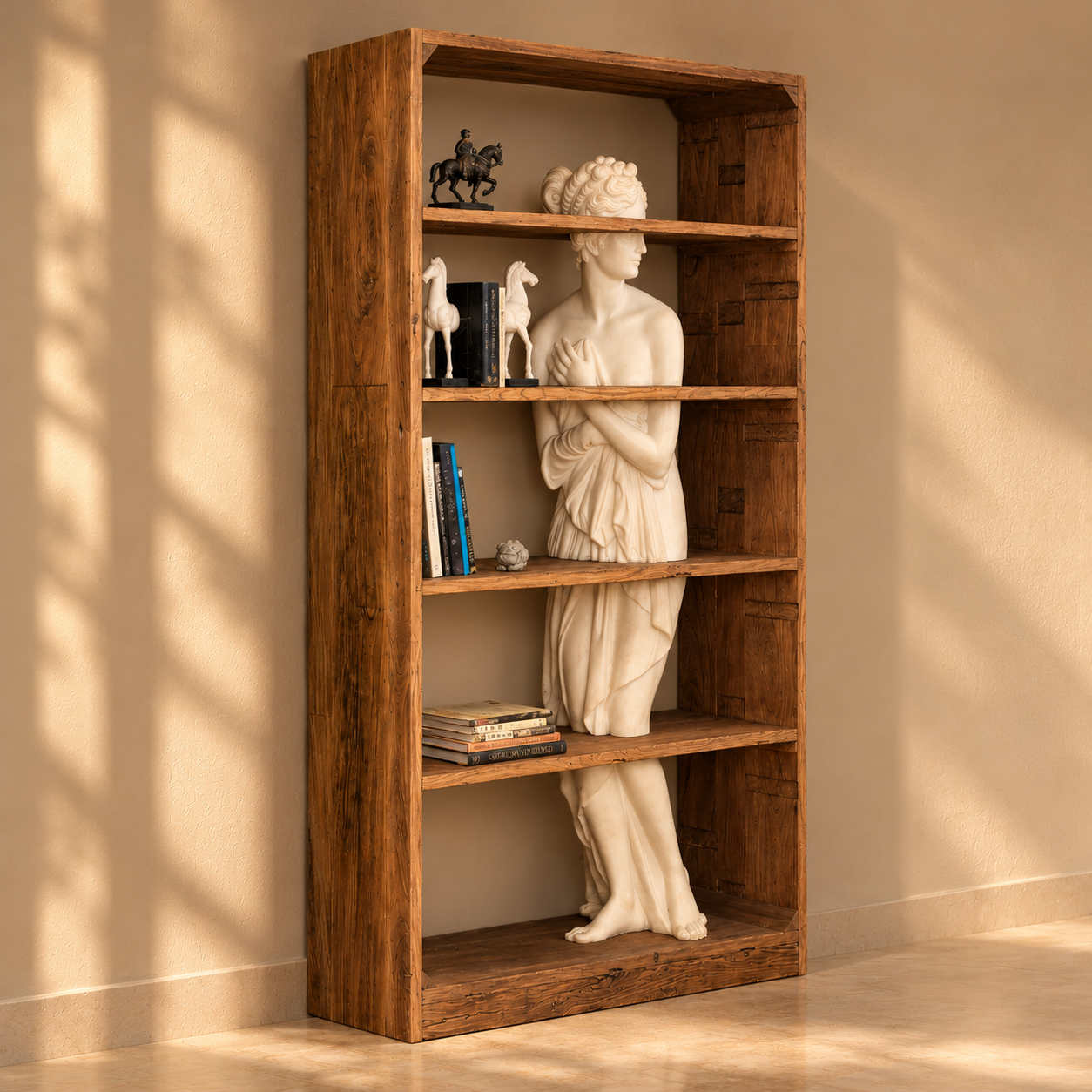 Venus Statue Reclaimed Wood Bookshelf