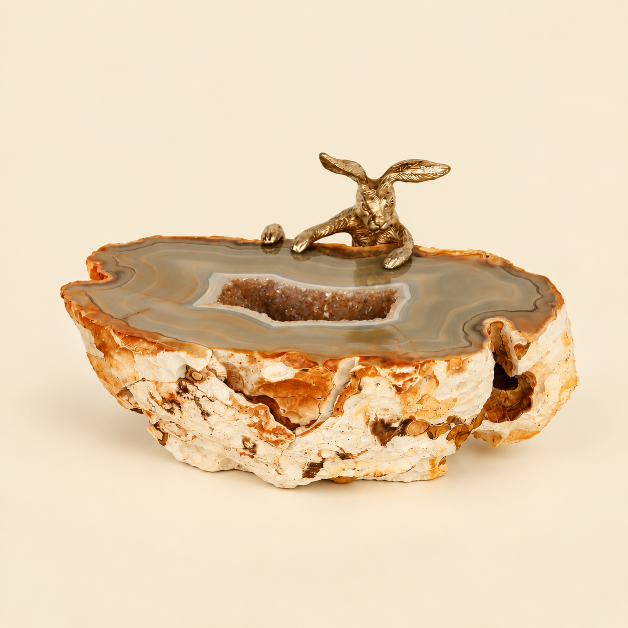 Agate Geode Dish with Silver Hare Sculpture