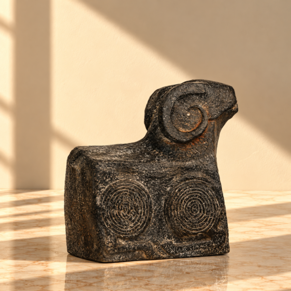 Carved Charcoal Ram Relief Sculpture