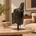 Dark Bronze Horse Relief Sculpture on Stand