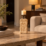 Carved Stone Resin Pillar Candle Holder with Black Cup