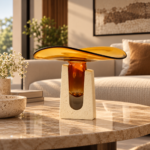 Amber Glass Crescent Sculpture on Terrazzo Base