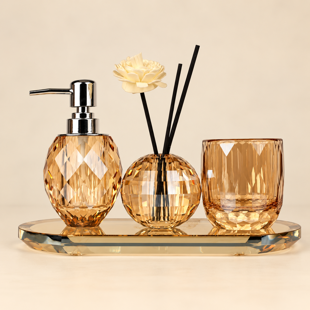 Gold Diamond-Cut Crystal Glass Bathroom Set