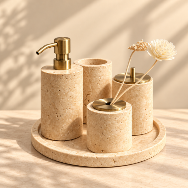 Beige Natural Stone Five-Piece Bathroom Set with Gold Accents
