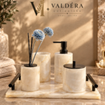 White Natural Stone Five-Piece Bathroom Set with Black Tray