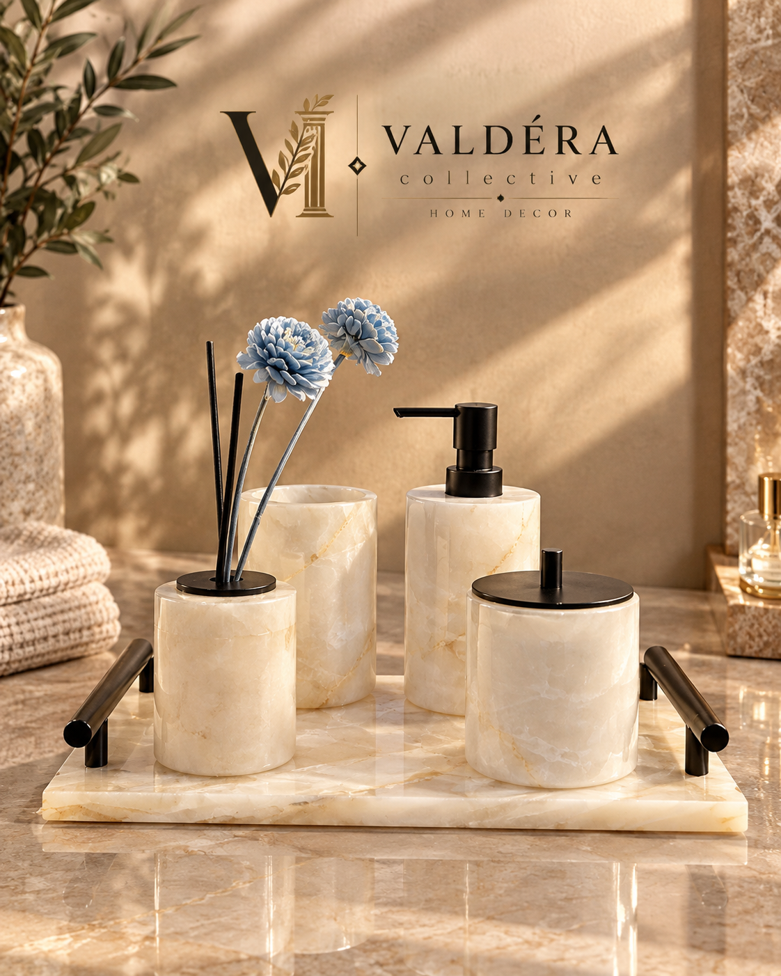 White Natural Stone Five-Piece Bathroom Set with Black Tray