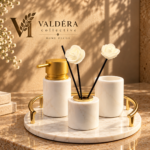 White Natural Stone and Gold Four-Piece Bathroom Set