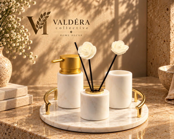 White Natural Stone and Gold Four-Piece Bathroom Set