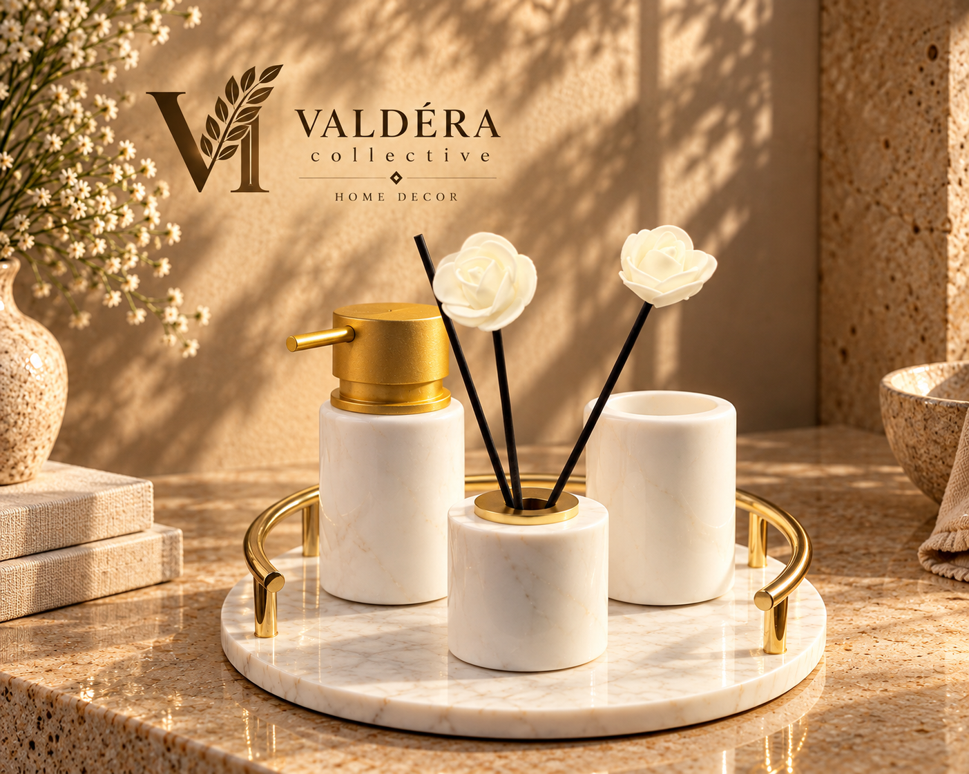 White Natural Stone and Gold Four-Piece Bathroom Set