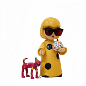 Yellow Polka Dot Girl and Dog Resin Figurine