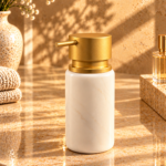 White Natural Stone and Gold Four-Piece Bathroom Set