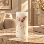 White Pillar Candle with Pressed Red Flowers