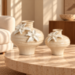 Cream Glass Vase with Sculpted White Lilies