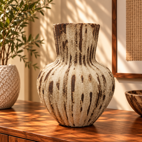 Streaked Cream and Brown Ceramic Vase