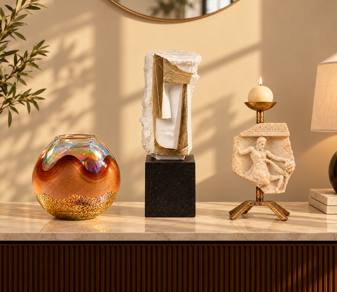 Styled console with vase, sculptures and candle holder