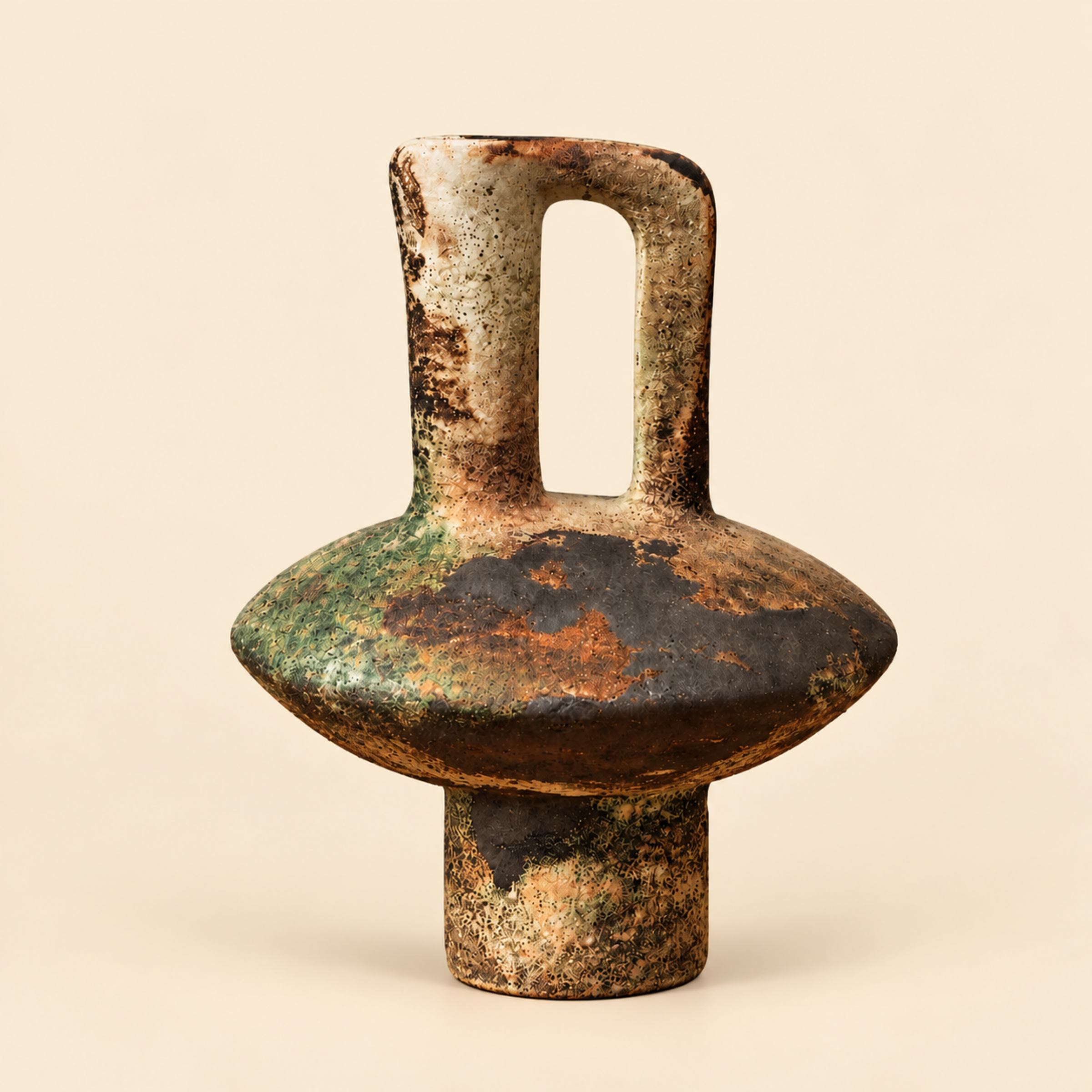 Aged Green Ceramic Handled Vase