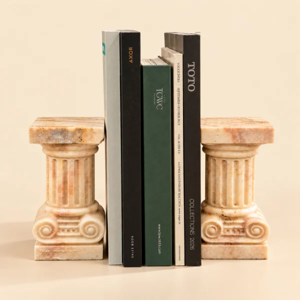 Rose Marble Ionic Column Bookends with Cream Spheres