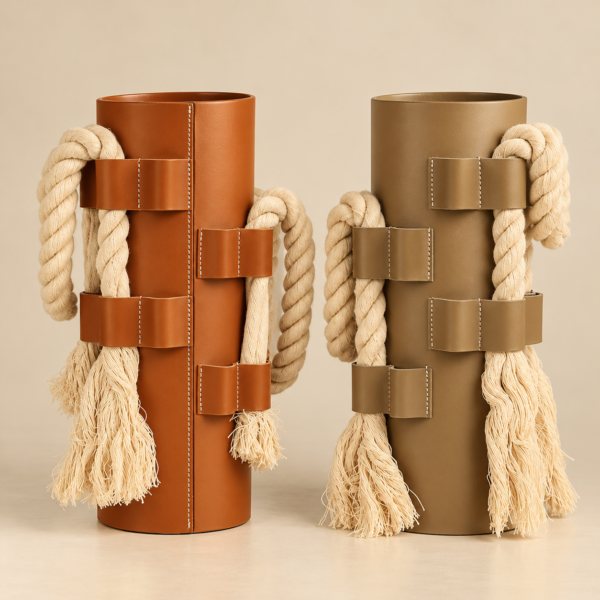 Leather, Glass and Rope Sculptural Vase